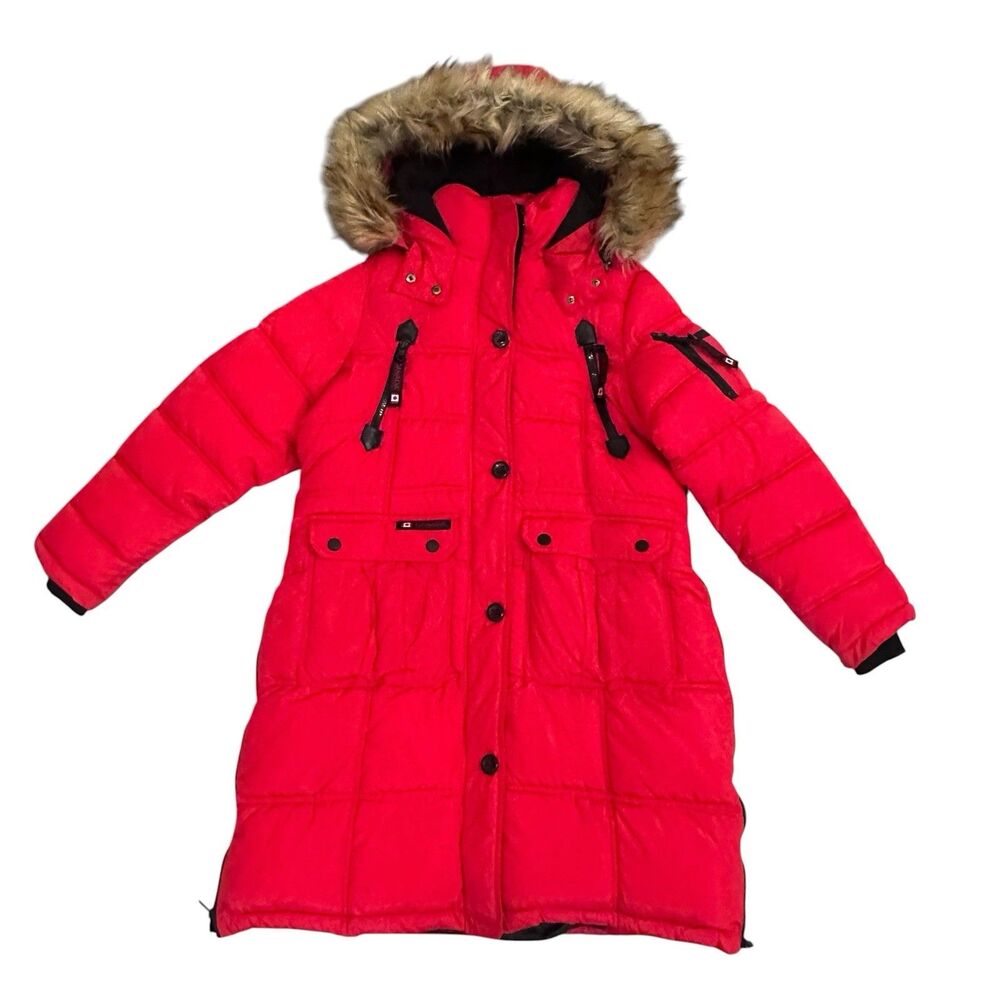 Canada Weather Gear Coat Womens L Red Puffer Parka Hooded Faux Fur Long EUC